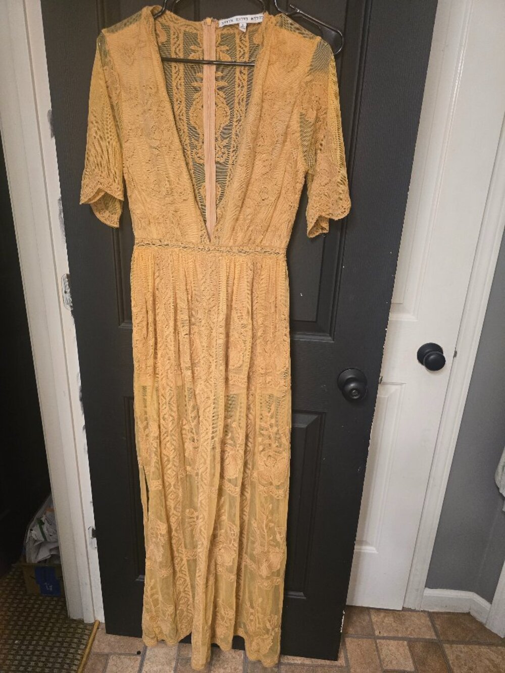HYFVE Mustard Yellow Lace Maxi Dress, Size S, Deep V Boho